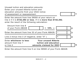 Form 5009-S11 Schedule AB(S11) Alberta Tuition and Education Amounts - Large Print - Canada, Page 2