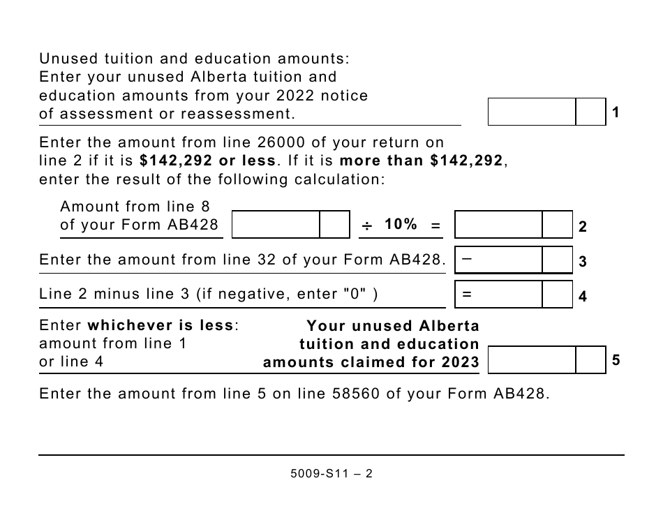 Form 5009-S11 Schedule AB(S11) Alberta Tuition and Education Amounts - Large Print - Canada, Page 2