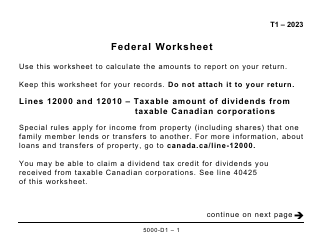 Document preview: Form 5000-D1 Federal Worksheet - Large Print - Canada, 2023