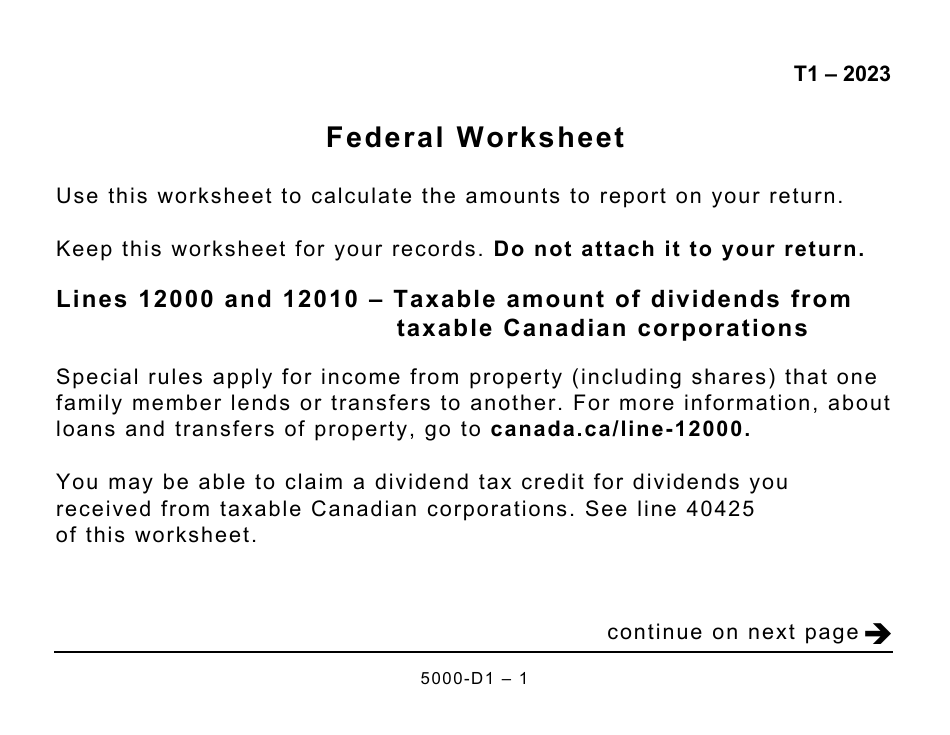 Form 5000-D1 Federal Worksheet - Large Print - Canada, Page 1