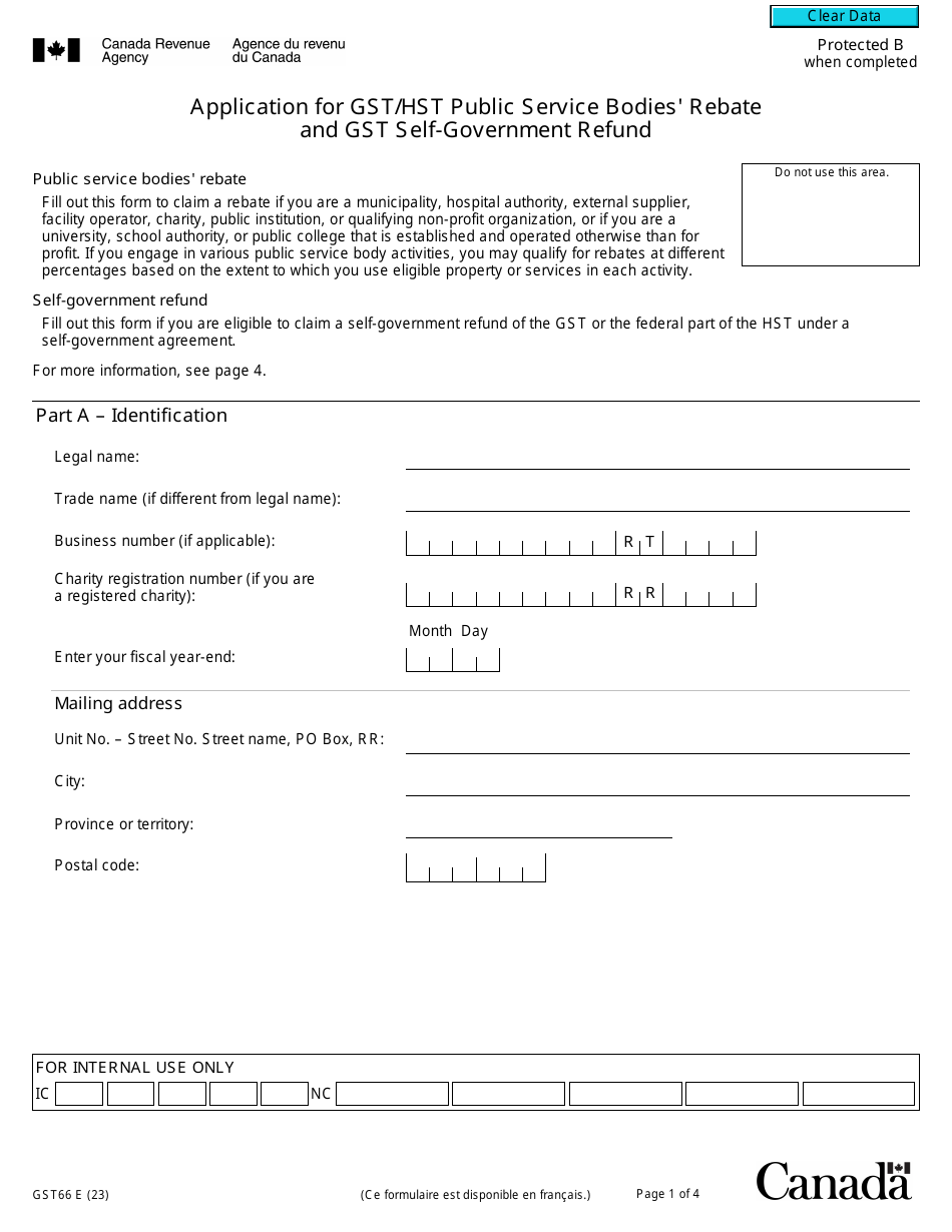 Form GST66 Application for Gst / Hst Public Service Bodies Rebate and Gst Self-government Refund - Canada, Page 1