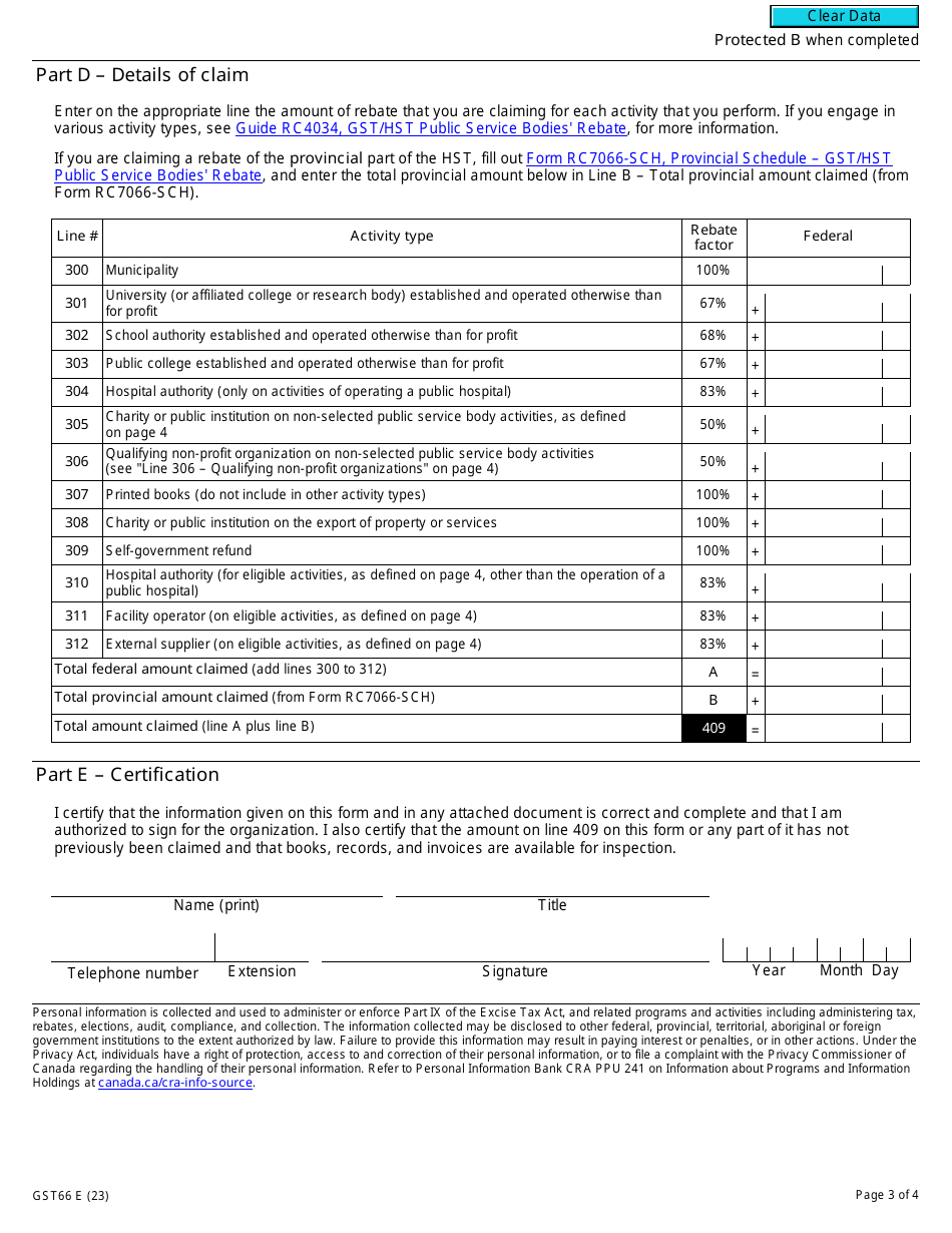 Form GST66 Application for Gst / Hst Public Service Bodies Rebate and Gst Self-government Refund - Canada, Page 3
