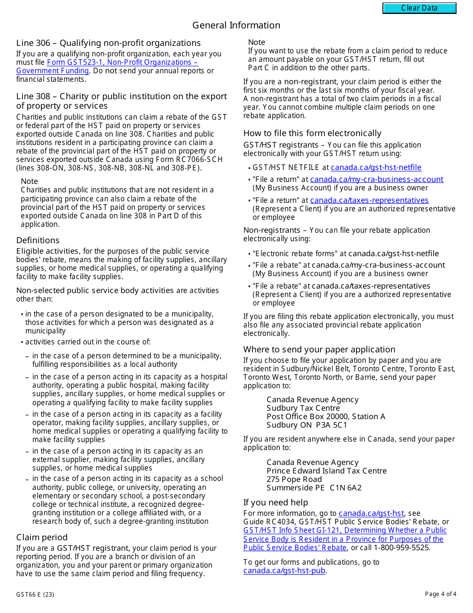 Form GST66 Application for Gst / Hst Public Service Bodies Rebate and Gst Self-government Refund - Canada, Page 4