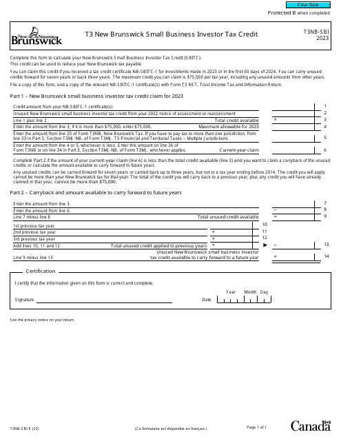 Form T3NB-SBI New Brunswick Small Business Investor Tax Credit - Canada, 2023