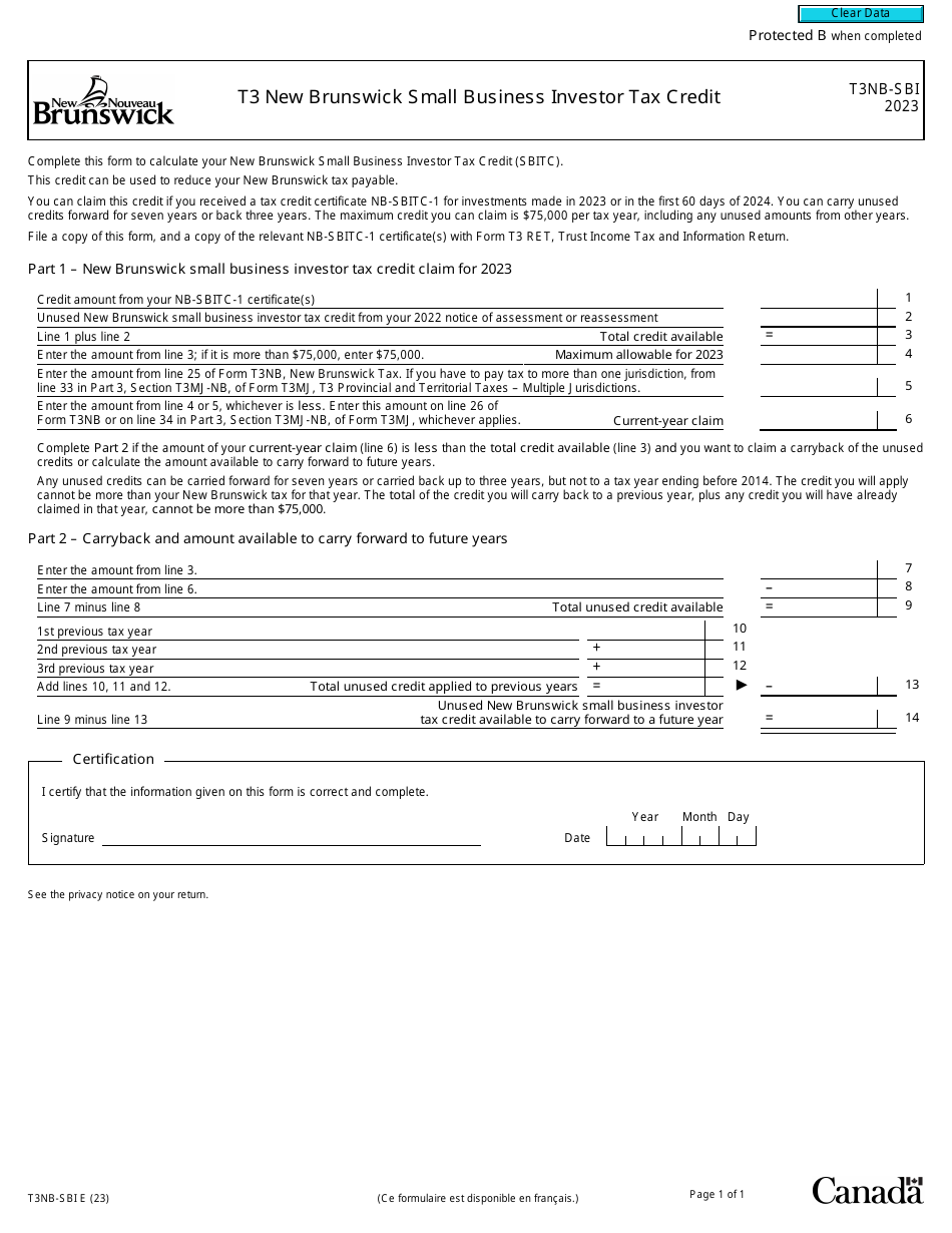 Form T3NB-SBI New Brunswick Small Business Investor Tax Credit - Canada, Page 1