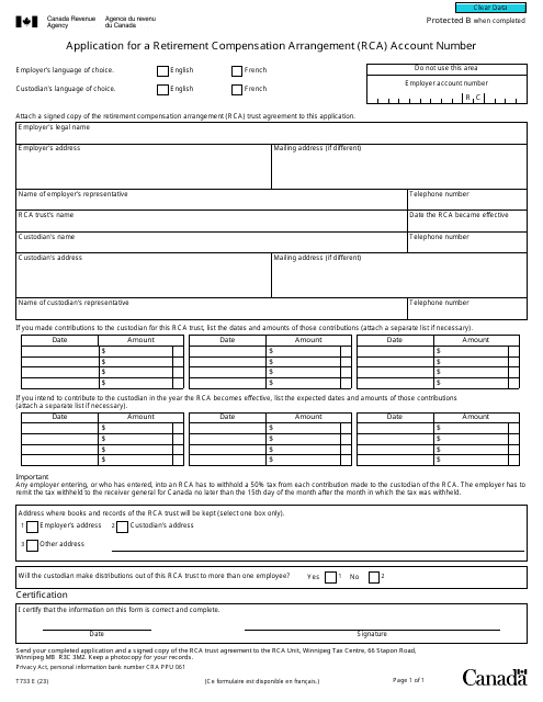 Form T733 Application for a Retirement Compensation Arrangement (Rca) Account Number - Canada