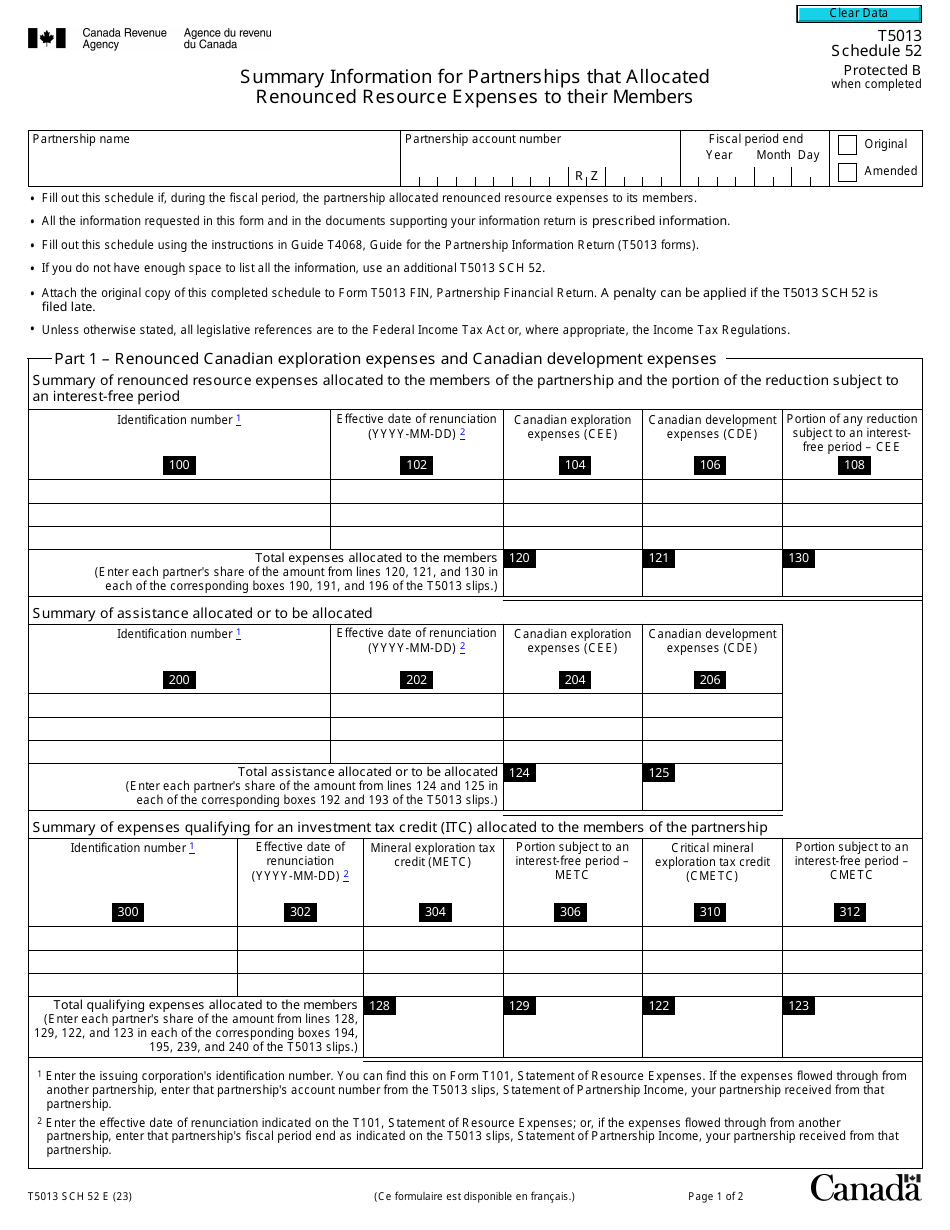 Form T5013 Schedule 52 Summary Information for Partnerships That Allocated Renounced Resource Expenses to Their Members - Canada, Page 1