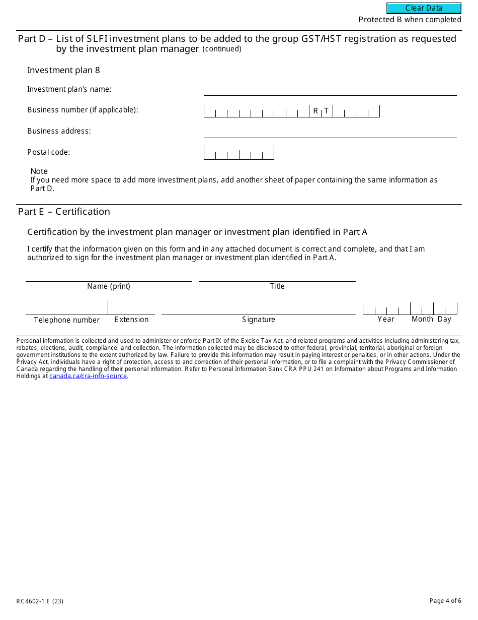 Form RC4602-1 Request to Be Added to a Group Gst / Hst Registration for Selected Listed Financial Institutions With Consolidated Filing for Gst / Hst Purposes - Canada, Page 4