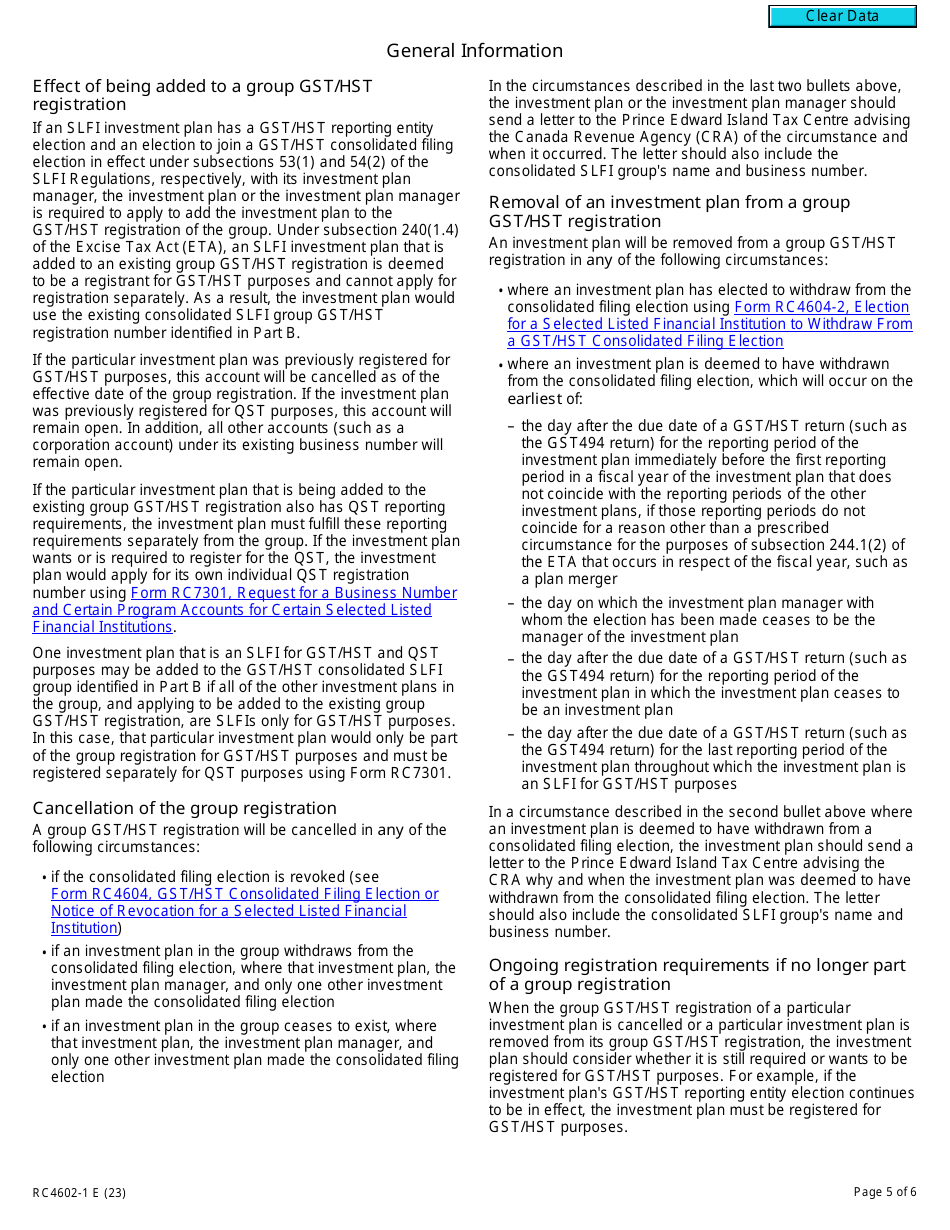 Form RC4602-1 Request to Be Added to a Group Gst / Hst Registration for Selected Listed Financial Institutions With Consolidated Filing for Gst / Hst Purposes - Canada, Page 5