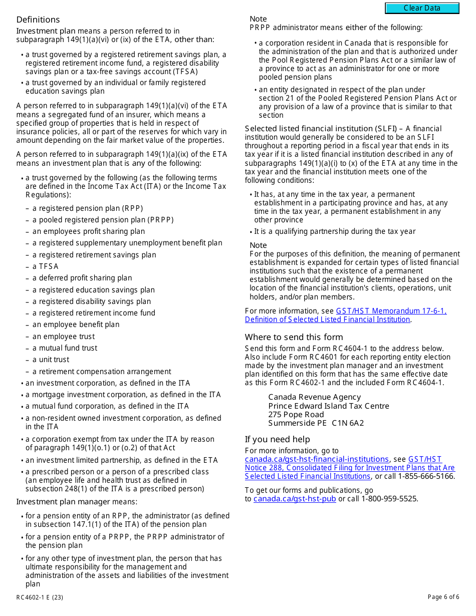 Form RC4602-1 Request to Be Added to a Group Gst / Hst Registration for Selected Listed Financial Institutions With Consolidated Filing for Gst / Hst Purposes - Canada, Page 6