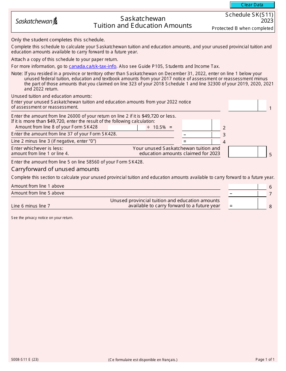 Form 5008-S11 Schedule SK(S11) Saskatchewan Tuition and Education Amounts - Canada, Page 1