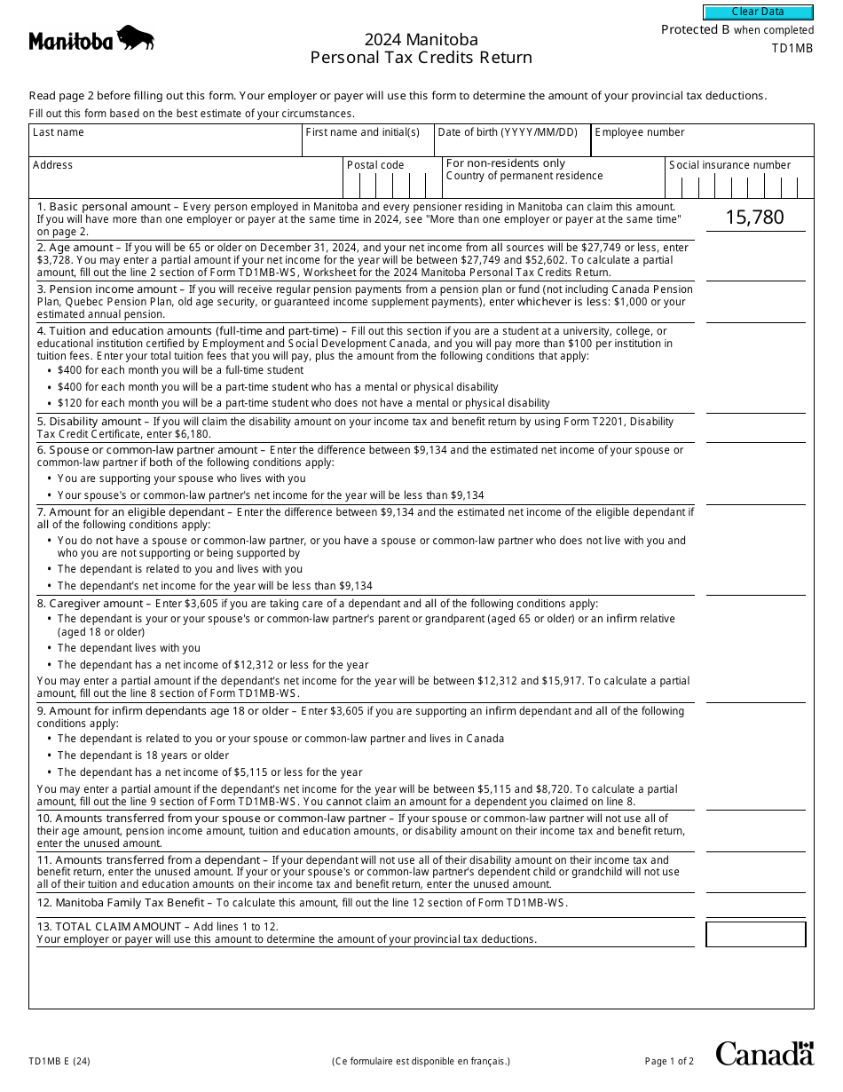 Form TD1MB Download Fillable PDF or Fill Online Manitoba Personal Tax