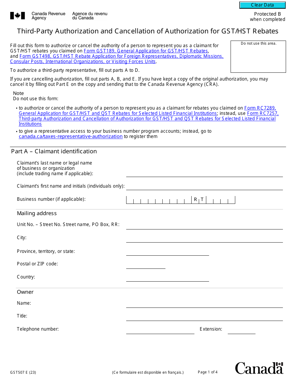 Form GST507 Third-Party Authorization and Cancellation of Authorization for Gst / Hst Rebates - Canada, Page 1