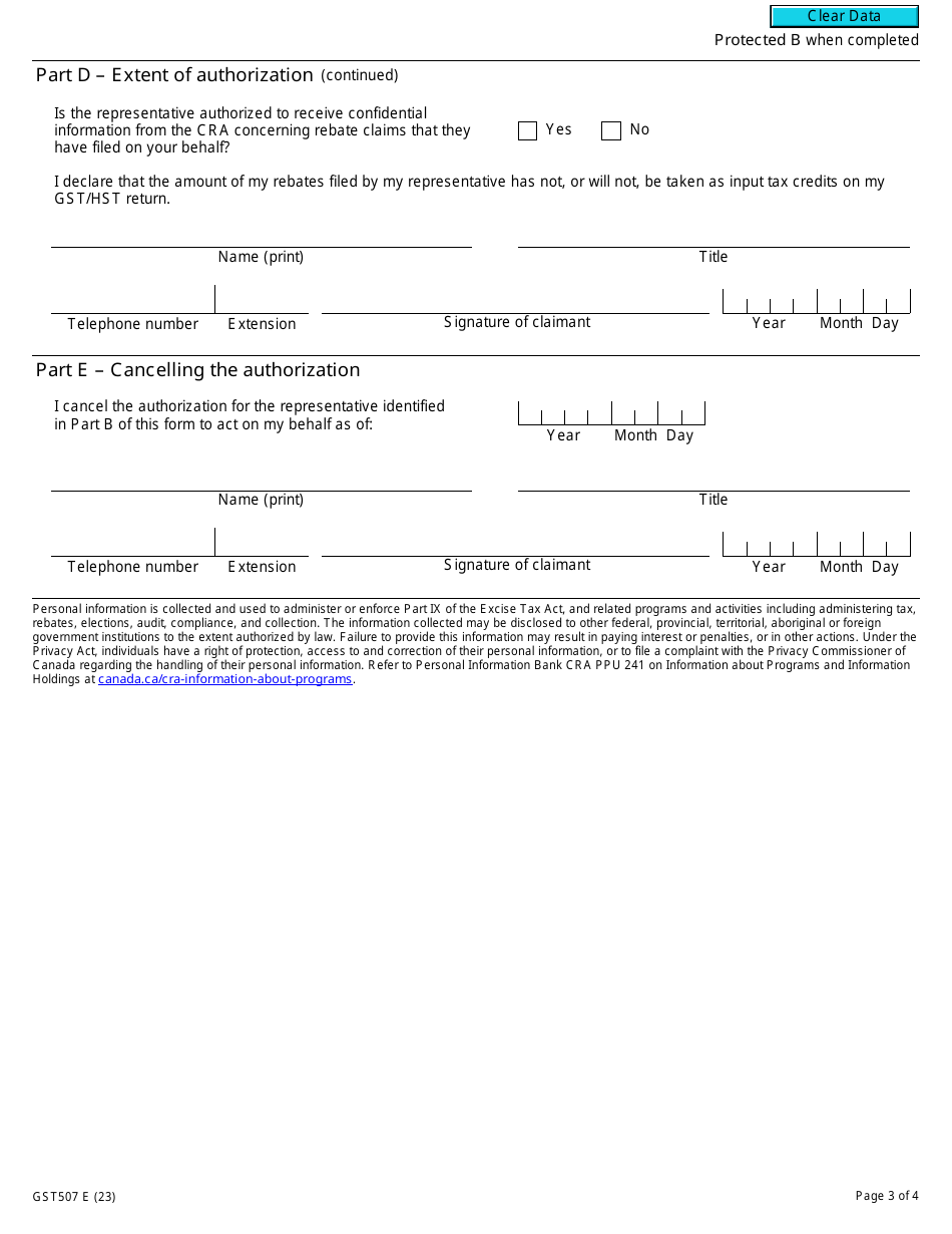 Form GST507 Third-Party Authorization and Cancellation of Authorization for Gst / Hst Rebates - Canada, Page 3