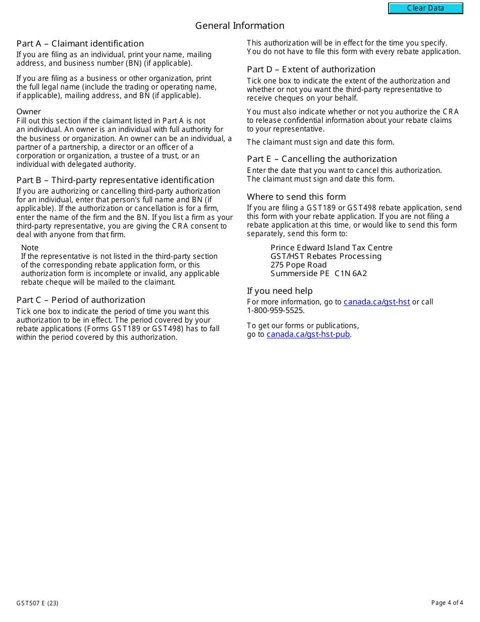 Form GST507 Third-Party Authorization and Cancellation of Authorization for Gst / Hst Rebates - Canada, Page 4