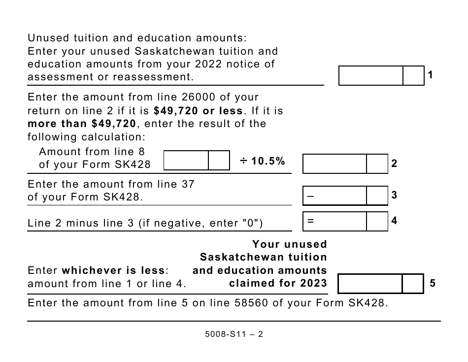 Form 5008-S11 Schedule SK(S11) Saskatchewan Tuition and Education Amounts - Large Print - Canada, Page 2