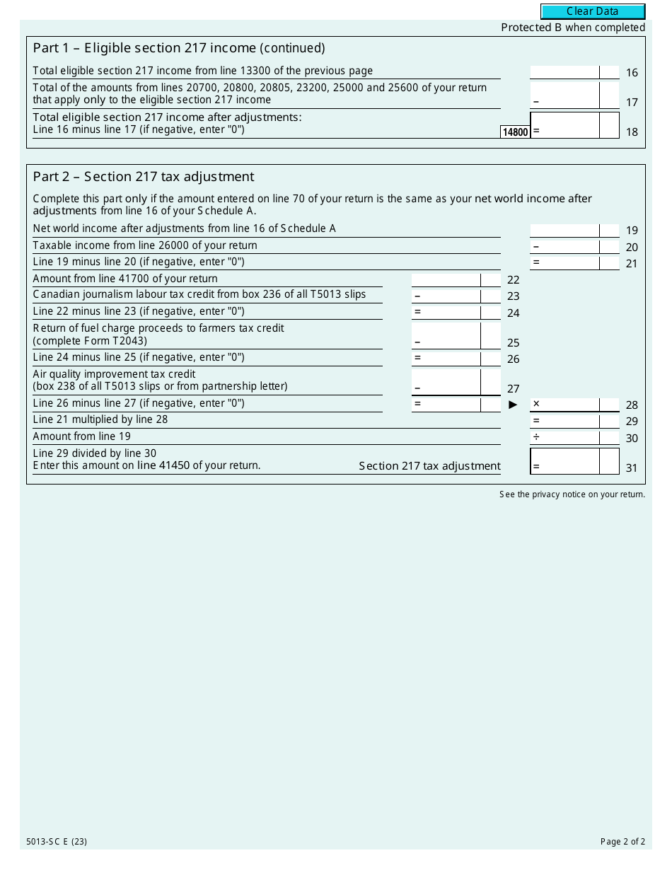 Form 5013-SC Schedule C Electing Under Section 217 of the Income Tax Act - Canada, Page 2