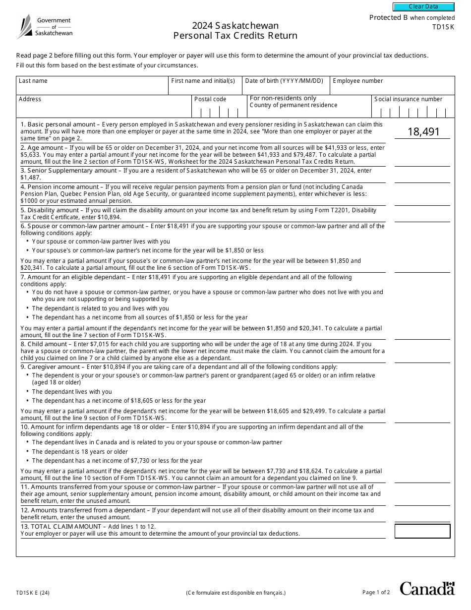 Form TD1SK Download Fillable PDF or Fill Online Saskatchewan Personal