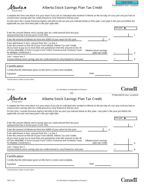 Form T89 Alberta Stock Savings Plan Tax Credit - Canada