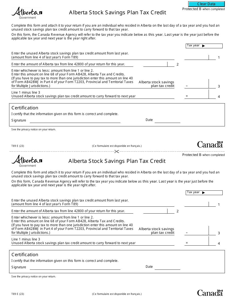 Form T89 Alberta Stock Savings Plan Tax Credit - Canada, Page 1