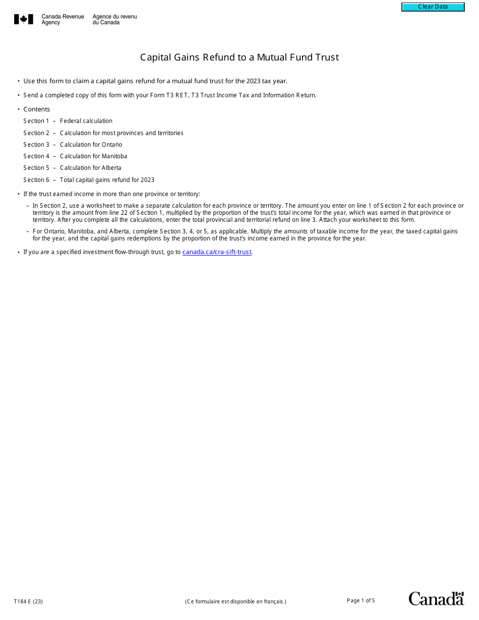 Form T184 Capital Gains Refund to a Mutual Fund Trust - Canada, Page 1
