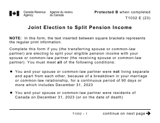 Document preview: Form T1032 Joint Election to Split Pension Income - Large Print - Canada