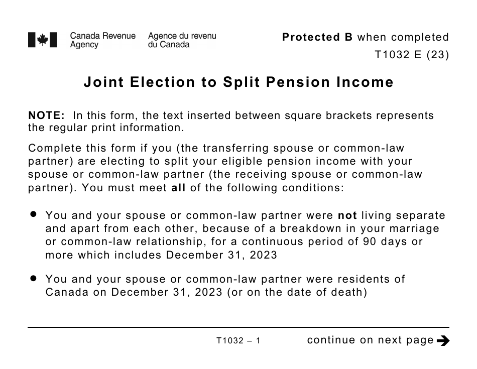 Form T1032 Joint Election to Split Pension Income - Large Print - Canada, Page 1