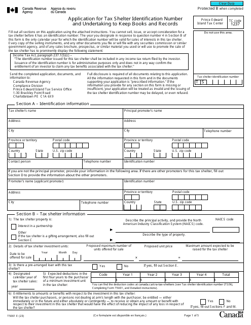 Form T5001 Application for Tax Shelter Identification Number and Undertaking to Keep Books and Records - Canada