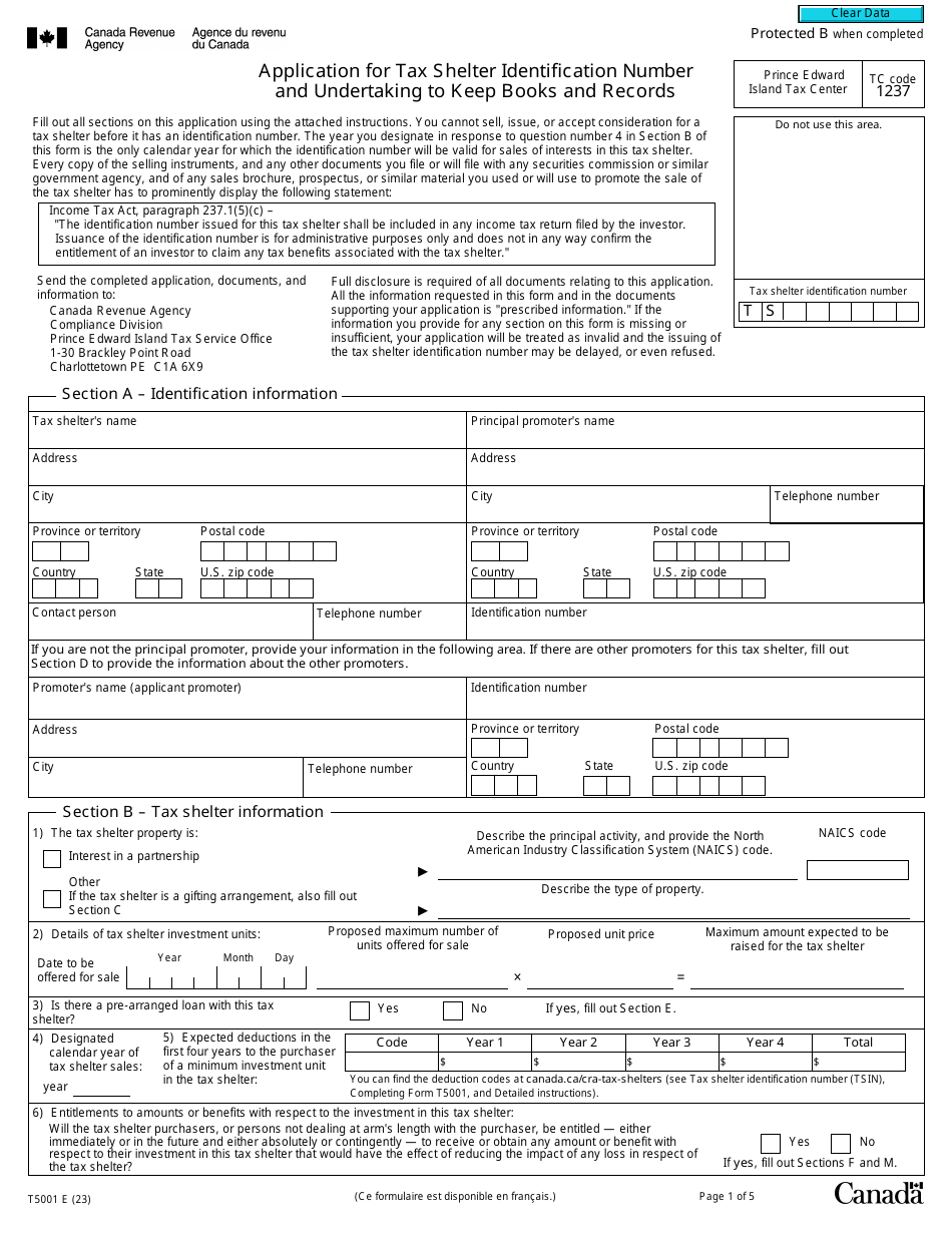 Form T5001 - Fill Out, Sign Online and Download Fillable PDF, Canada ...