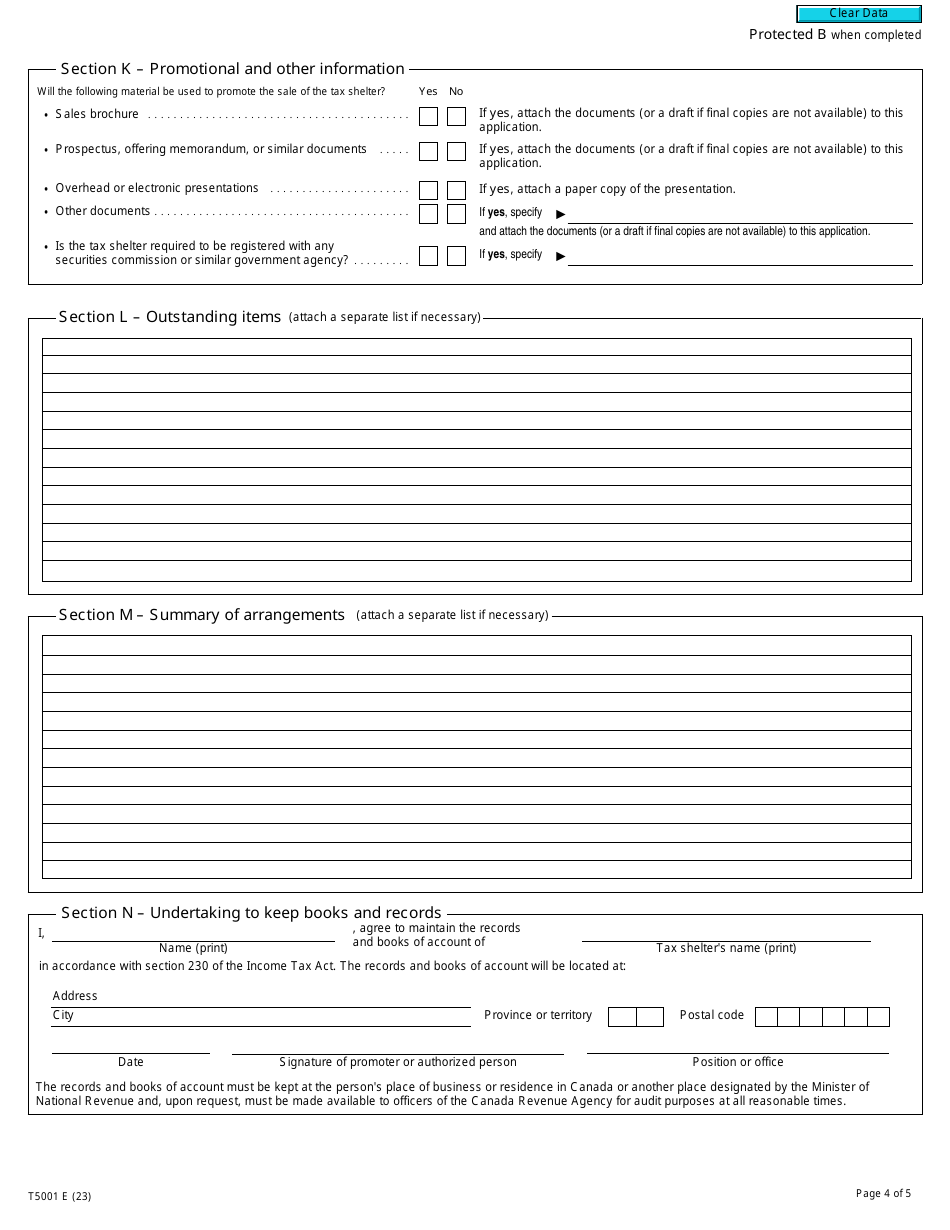 Form T5001 Application for Tax Shelter Identification Number and Undertaking to Keep Books and Records - Canada, Page 4