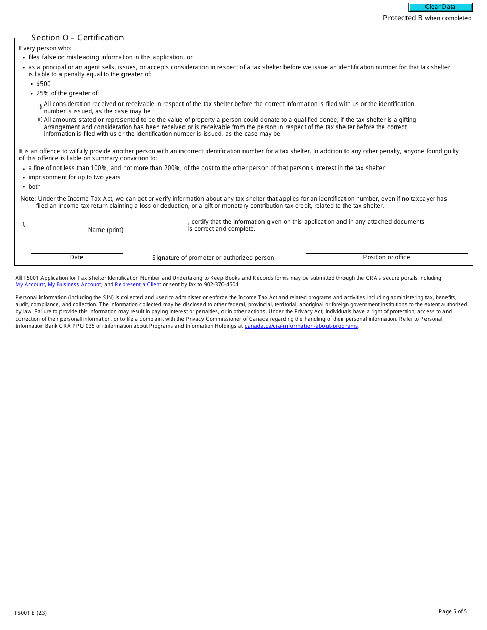 Form T5001 Application for Tax Shelter Identification Number and Undertaking to Keep Books and Records - Canada, Page 5