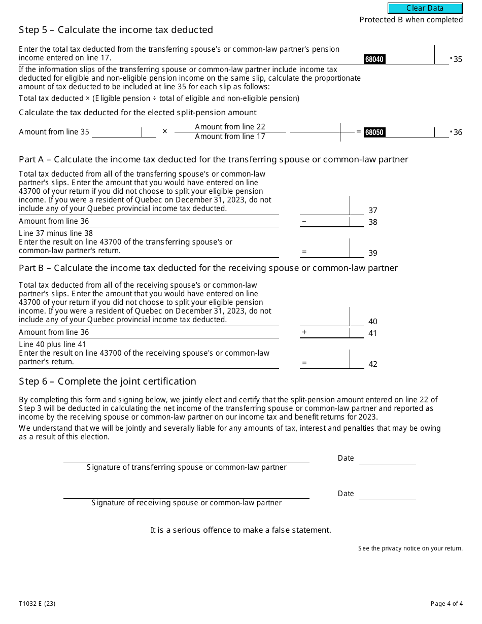Form T1032 Joint Election to Split Pension Income - Canada, Page 4