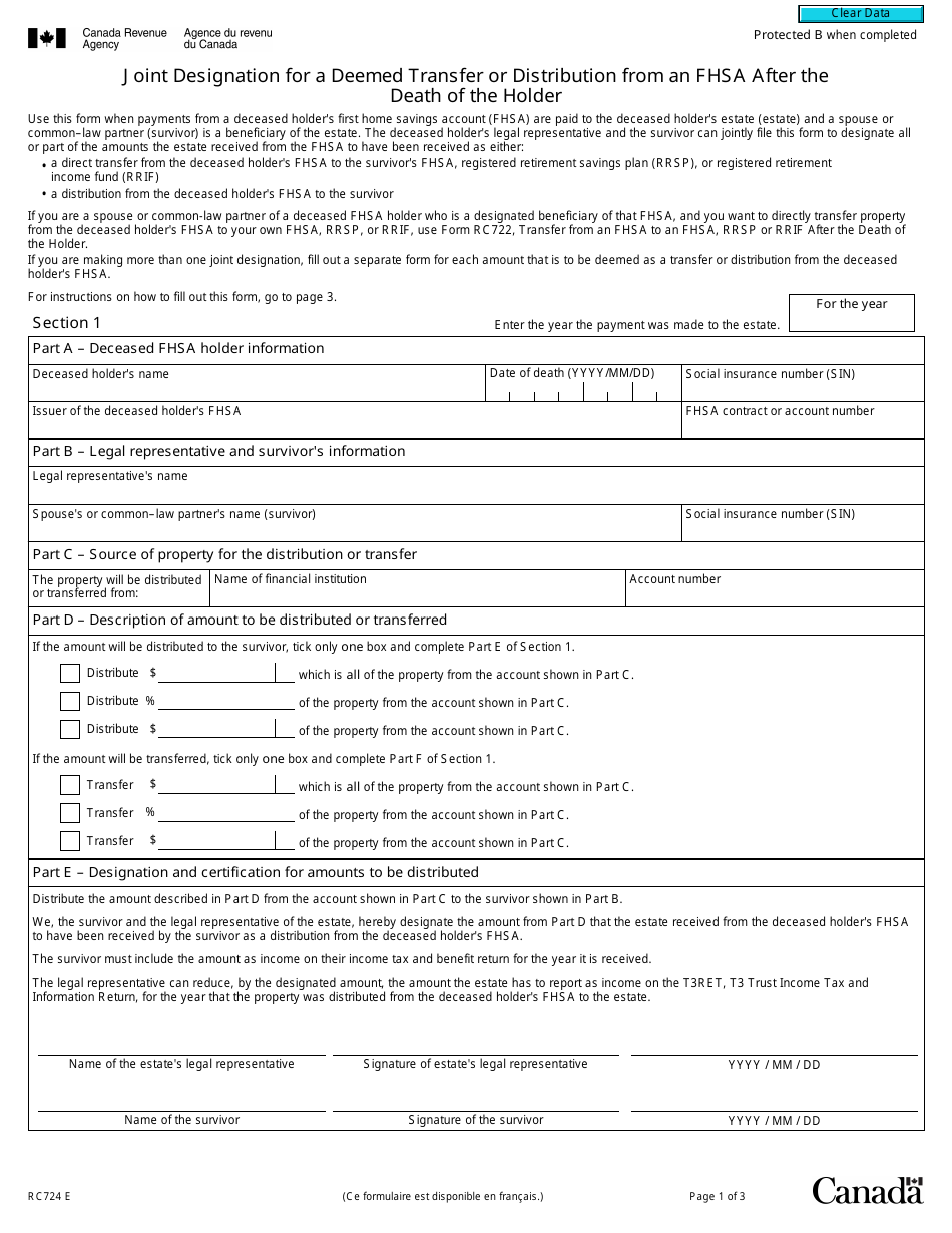 Form RC724 Joint Designation for a Deemed Transfer or Distribution From an Fhsa After the Death of the Holder - Canada, Page 1