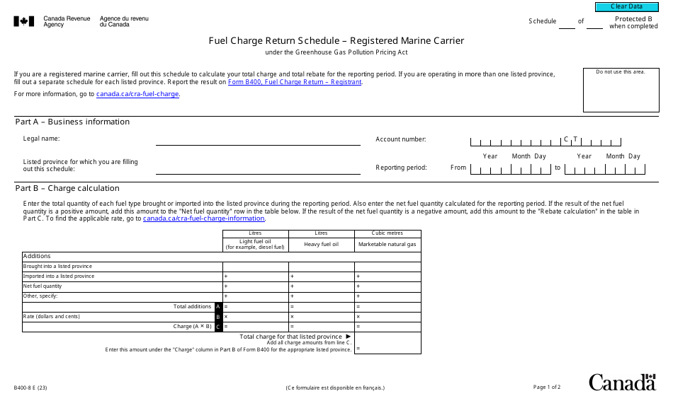 Form B400-8 Fuel Charge Return Schedule - Registered Marine Carrier - Canada, Page 1