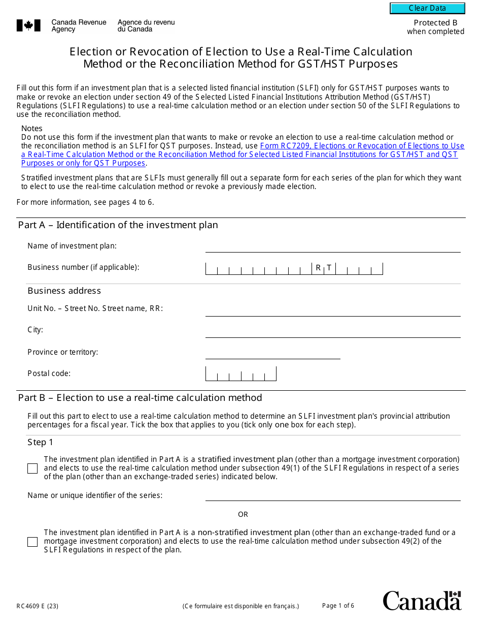 Form RC4609 Election or Revocation of Election to Use a Real-Time Calculation Method or the Reconciliation Method for Gst / Hst Purposes - Canada, Page 1