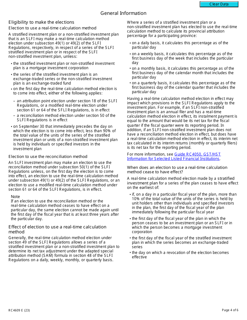 Form RC4609 Election or Revocation of Election to Use a Real-Time Calculation Method or the Reconciliation Method for Gst / Hst Purposes - Canada, Page 4