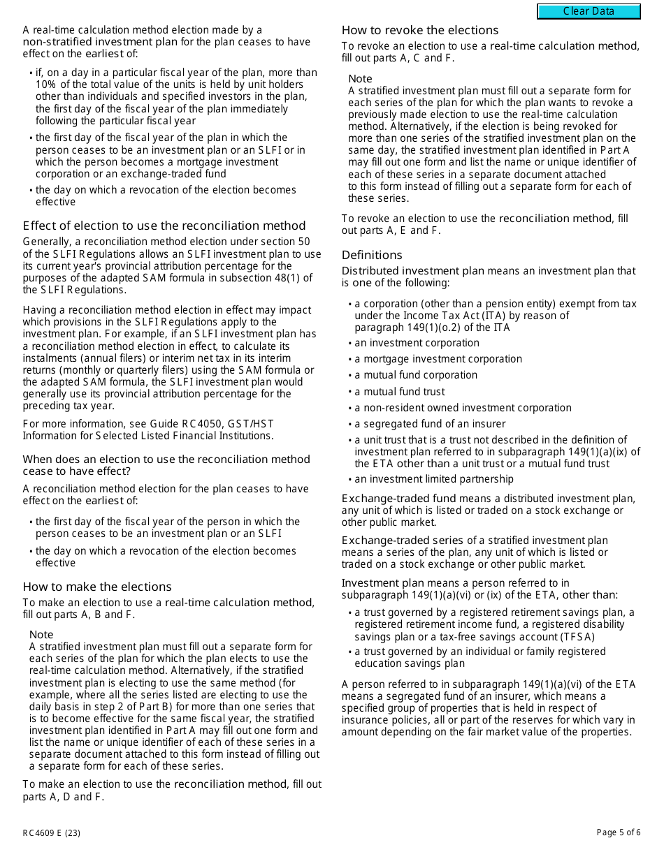 Form RC4609 Election or Revocation of Election to Use a Real-Time Calculation Method or the Reconciliation Method for Gst / Hst Purposes - Canada, Page 5