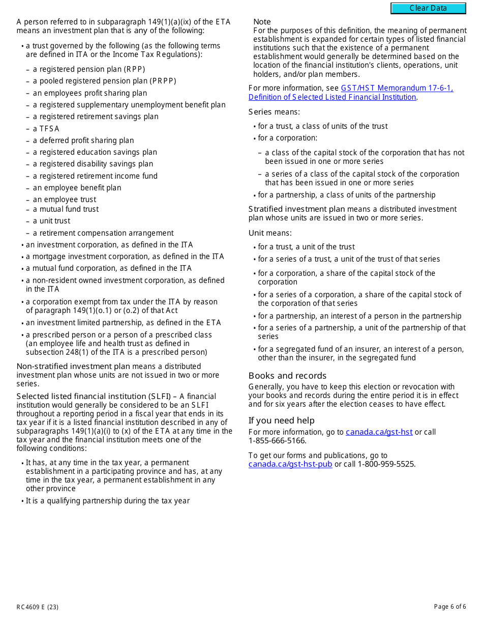 Form RC4609 Election or Revocation of Election to Use a Real-Time Calculation Method or the Reconciliation Method for Gst / Hst Purposes - Canada, Page 6