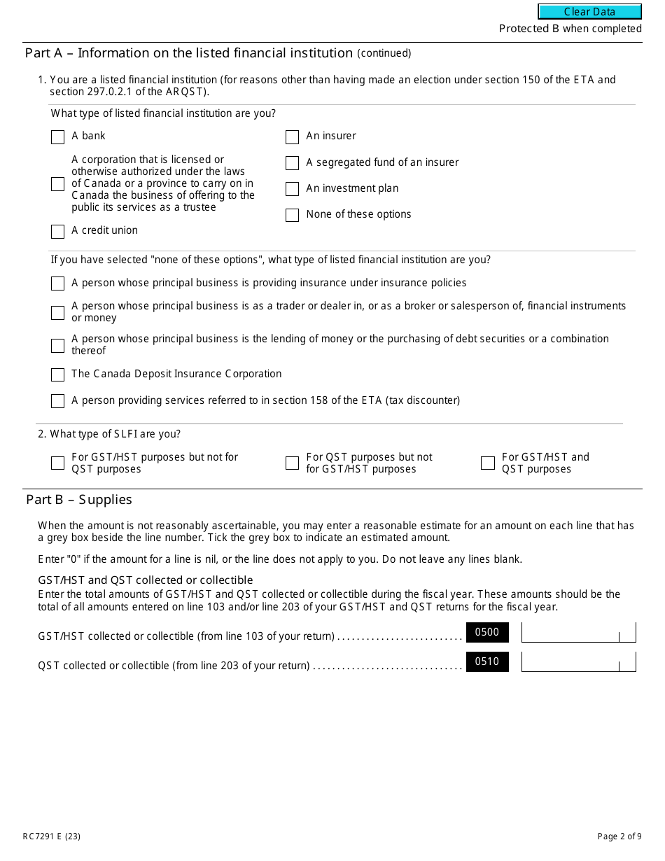 Form RC7291 Gst / Hst and Qst Annual Information Return for Selected Listed Financial Institutions - Canada, Page 2