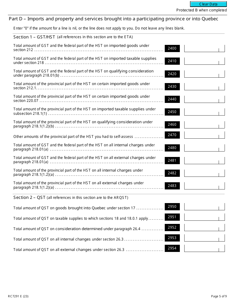 Form RC7291 Gst / Hst and Qst Annual Information Return for Selected Listed Financial Institutions - Canada, Page 5