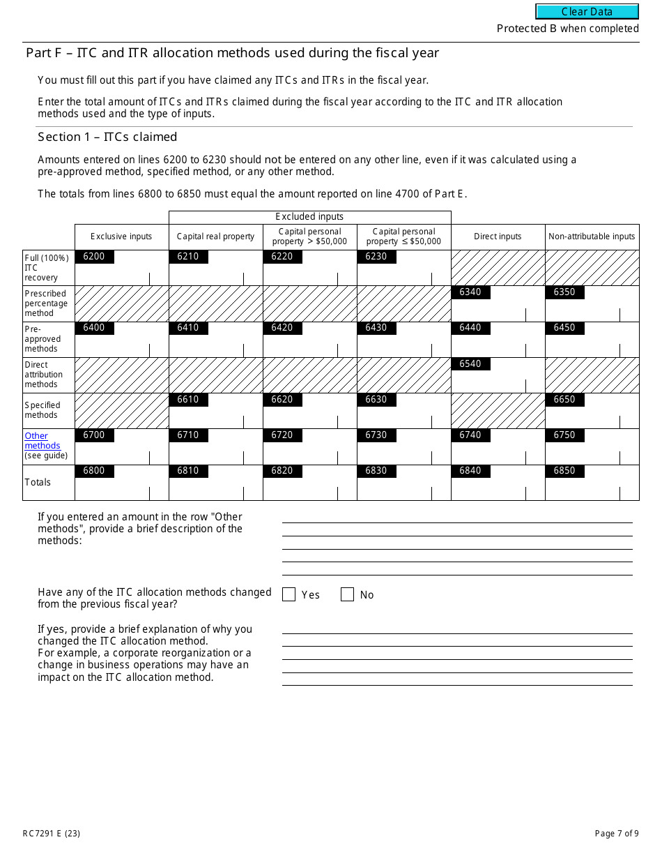 Form RC7291 Gst / Hst and Qst Annual Information Return for Selected Listed Financial Institutions - Canada, Page 7