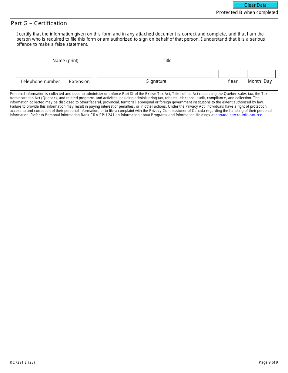 Form RC7291 Gst / Hst and Qst Annual Information Return for Selected Listed Financial Institutions - Canada, Page 9