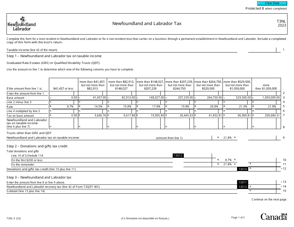 Form T3NL Newfoundland and Labrador Tax - Canada, Page 1