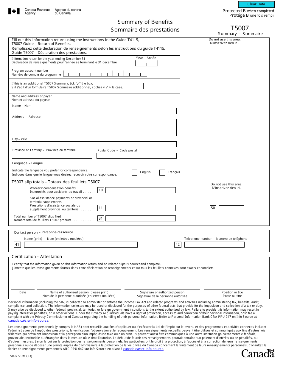 Form T5007SUM - Fill Out, Sign Online and Download Fillable PDF, Canada ...