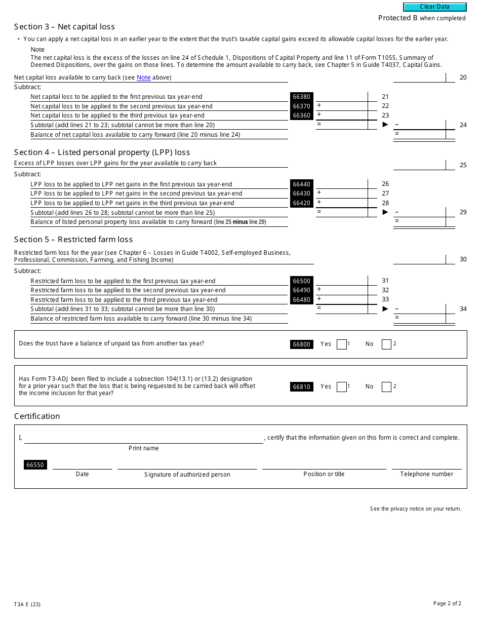 Form T3A Request for Loss Carryback by a Trust - Canada, Page 2