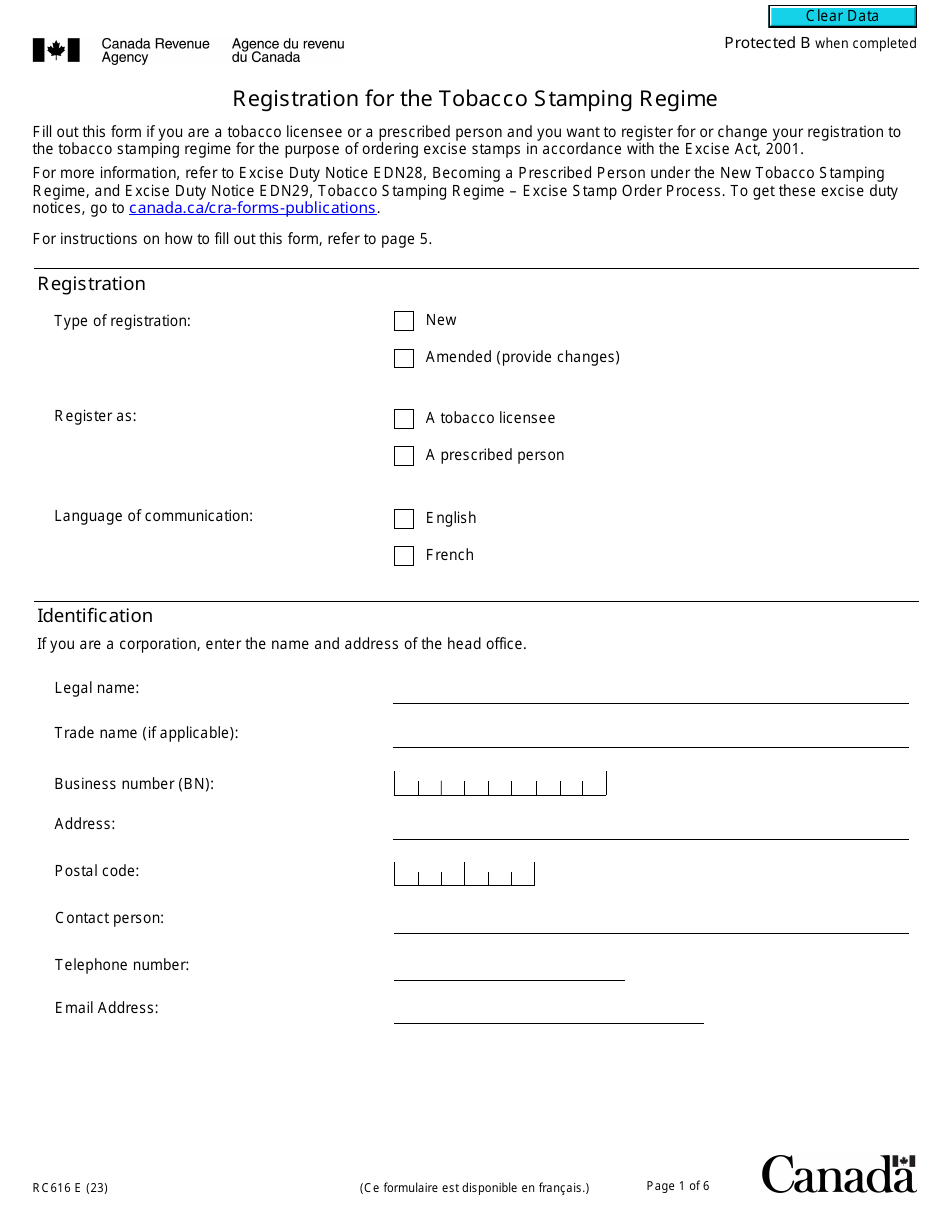 Form RC616 Registration for the Tobacco Stamping Regime - Canada, Page 1