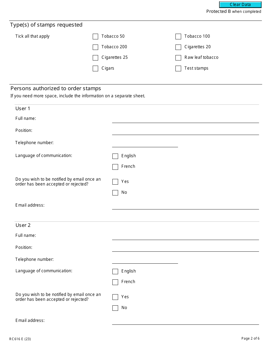 Form RC616 Registration for the Tobacco Stamping Regime - Canada, Page 2