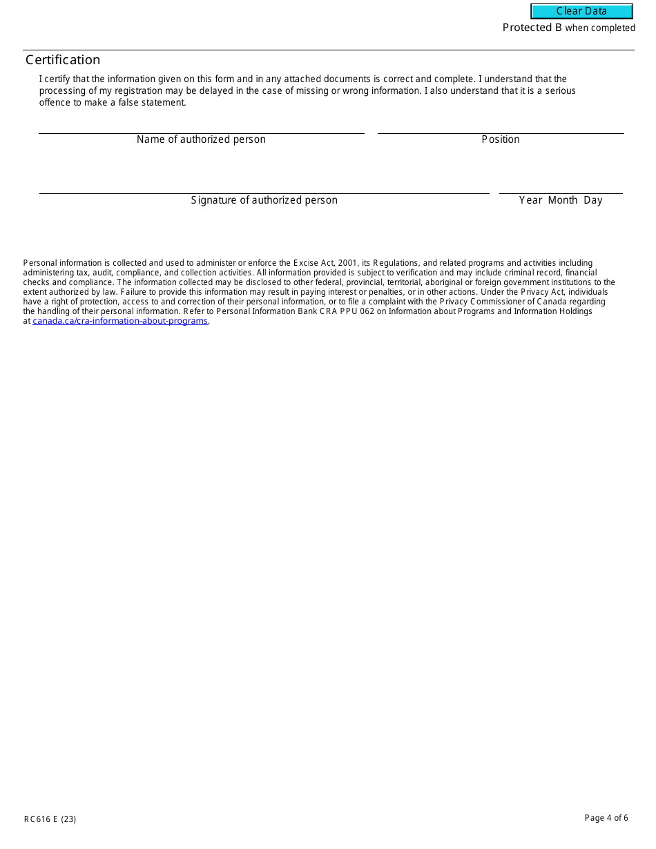 Form RC616 Registration for the Tobacco Stamping Regime - Canada, Page 4