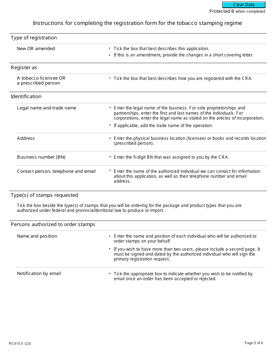 Form RC616 Registration for the Tobacco Stamping Regime - Canada, Page 5