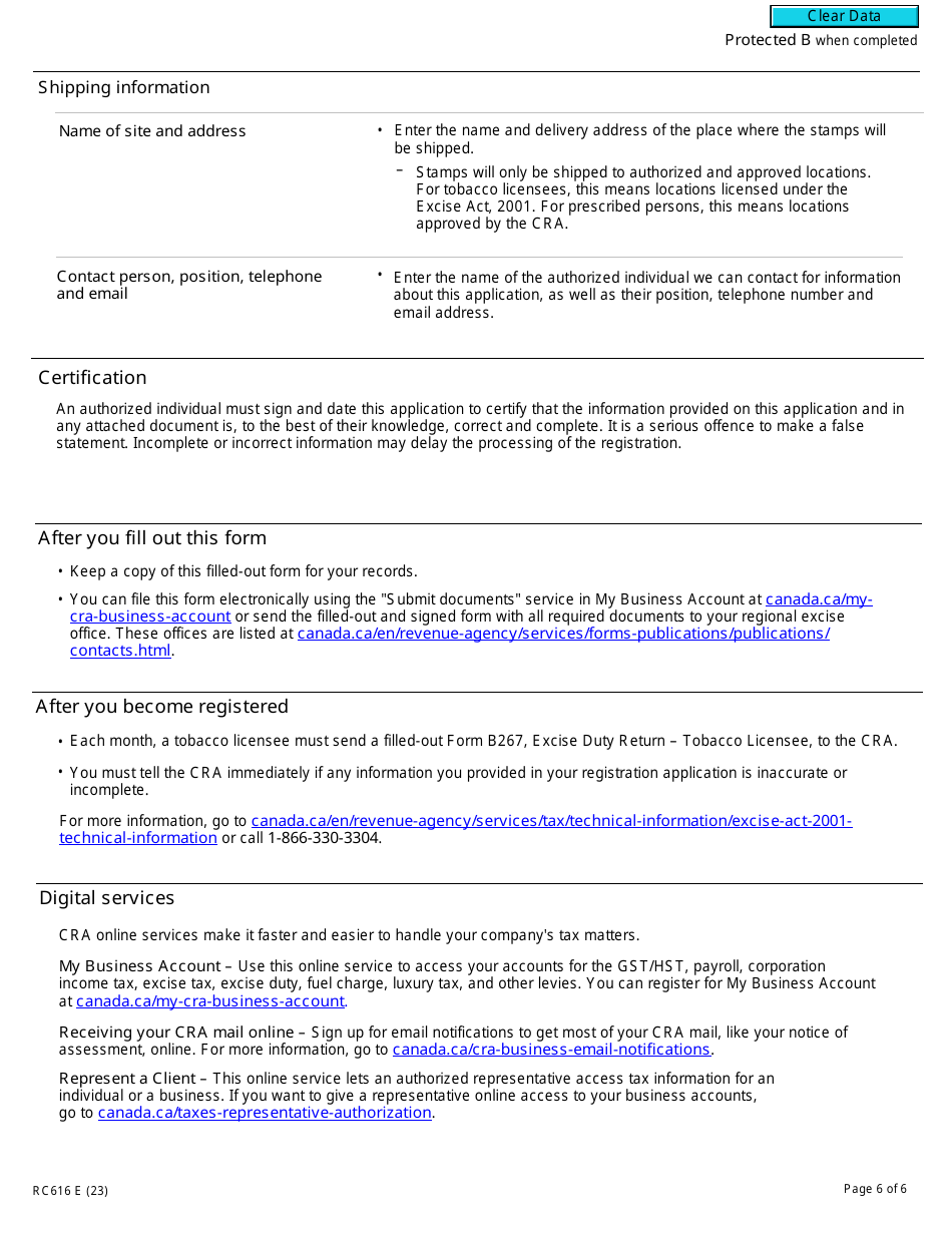 Form RC616 Registration for the Tobacco Stamping Regime - Canada, Page 6